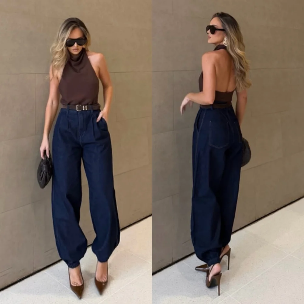 ZARA SET 2pc DENIM BALLOON PANTS and Top DARK BLUE SIZE M